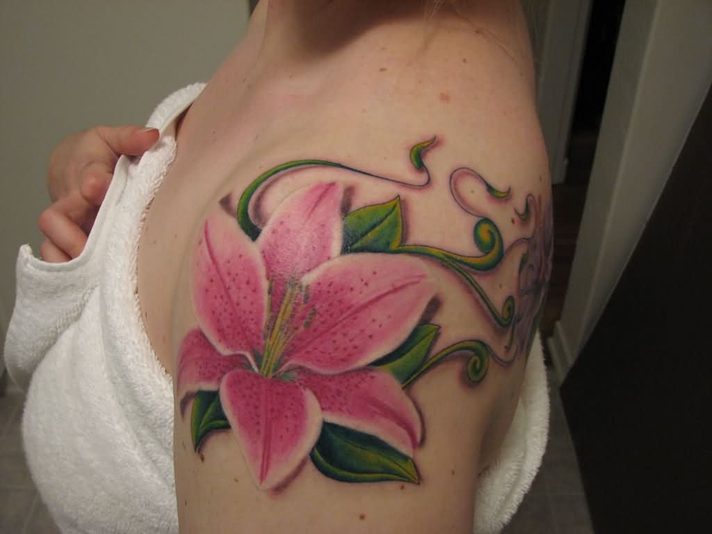 Pink Realistic Lily Flower Tattoo On Left Shoulder