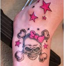 Pink Stars And Skull Tattoo On Right Foot