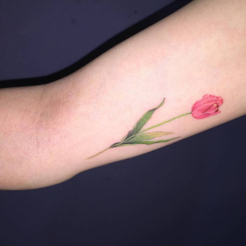 Pink Tulip Flower Tattoo On Inner Bicep
