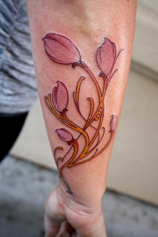 Pink Tulip Flowers Tattoos On Arm Sleeve