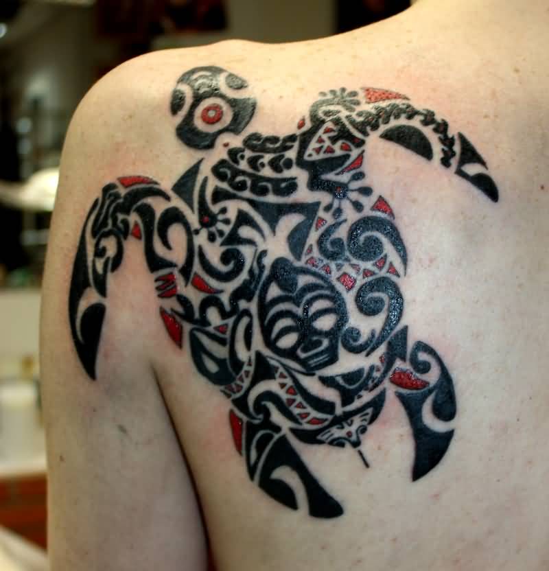 Polynesian Turtle Tattoo On Left Back Shoulder