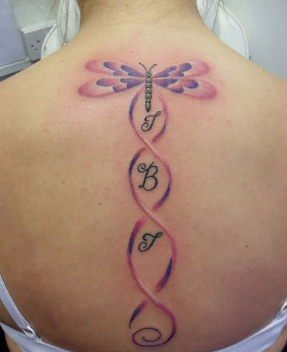 Purple And Pink Tribal Dragonfly Tattoo On Girl Upper Back