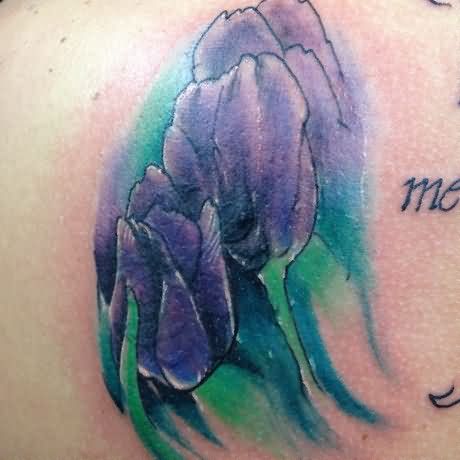 Purple Flowers Tattoo On Back Shoulder