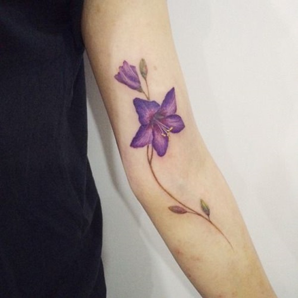 Purple Ink Tulip Flowers Tattoos On Bicep