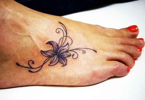 Purple Lily Flower Tattoo On Right Foot