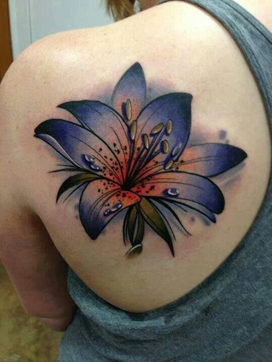 Purple Realistic Lily Tattoo On Girl Back Shoulder