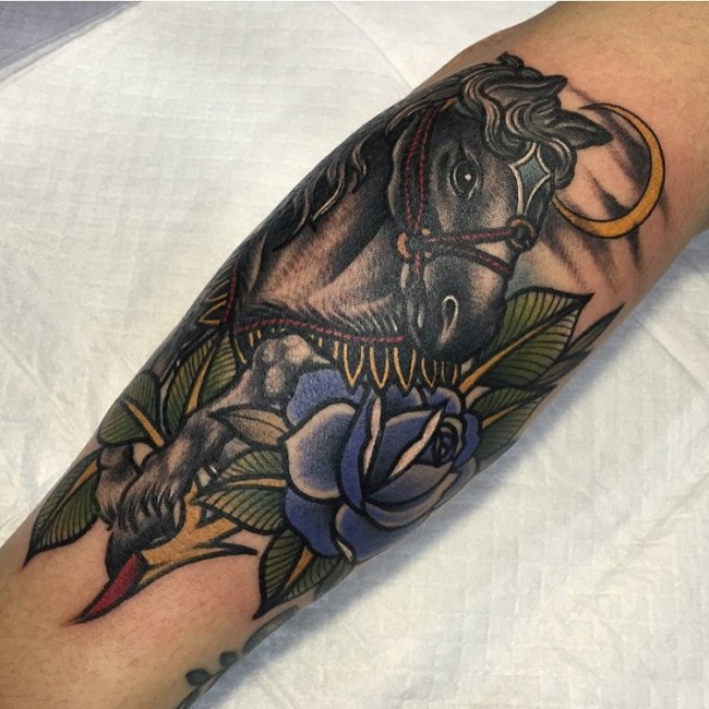 Purple Rose And Horse Tattoo On Arm Sleeve