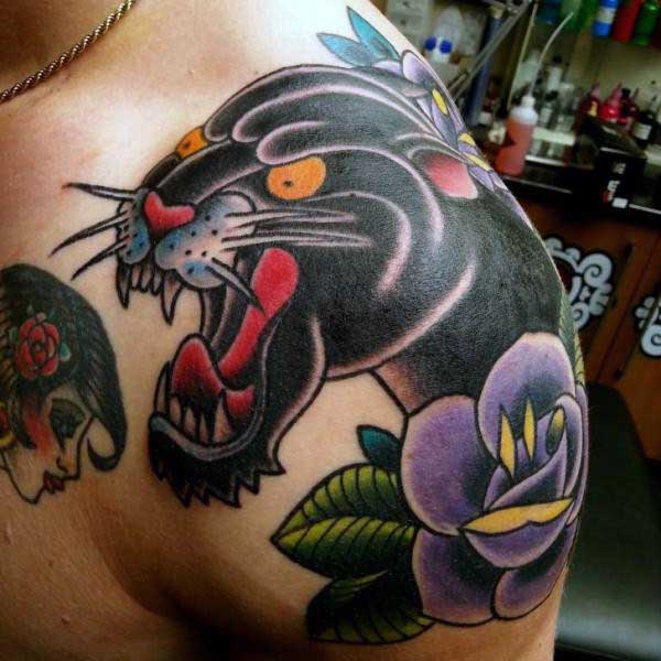 Purple Rose And Panther Head Tattoo On Shoulder
