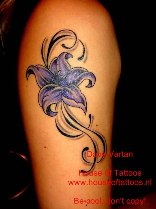 Purple Small Lily Tattoo On Shoulder