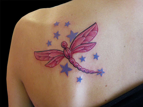 Purple Stars And Dragonfly Tattoo On Left Back Shoulder