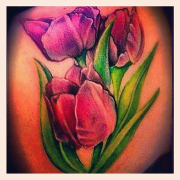 Purple Tulip Flowers Tattoo On Shoulder