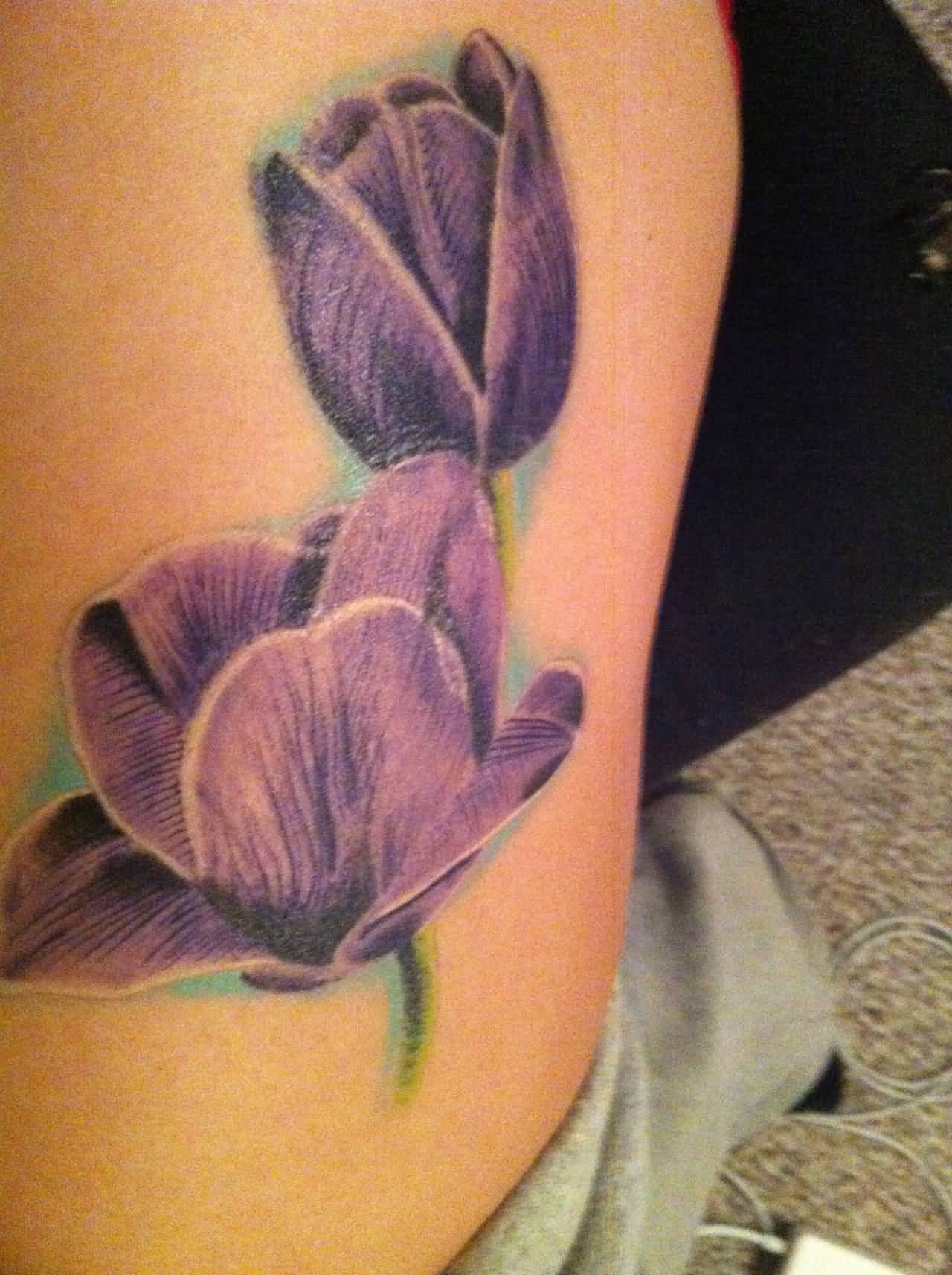 Purple Tulip Flowers Tattoo On Side
