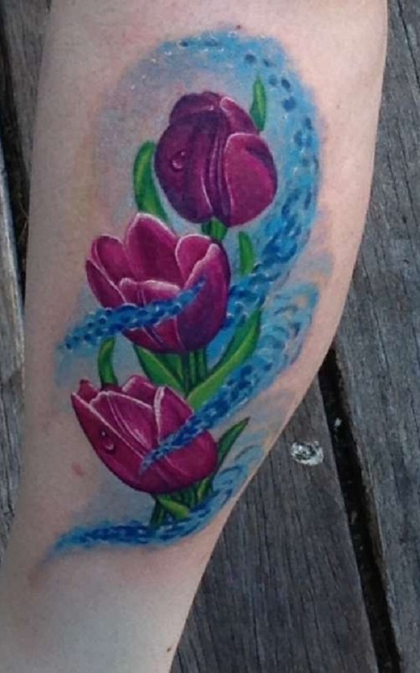 Purple Tulip Flowers Tattoos On Leg