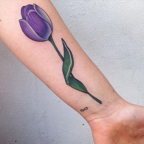 Purple Tulip Tattoo On Left Forearm