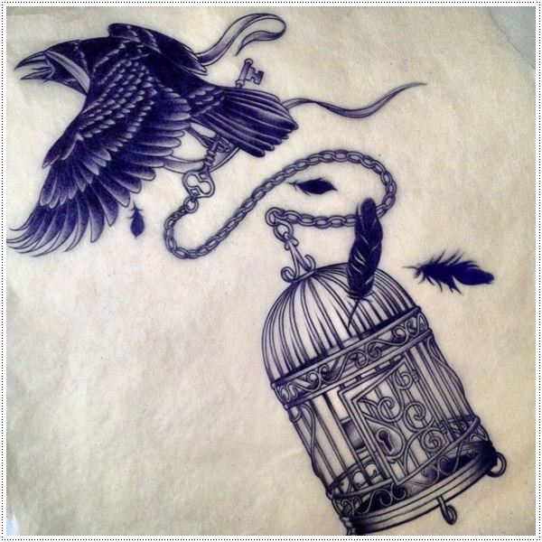 Raven Flying With Key And Cage Tattoo Design