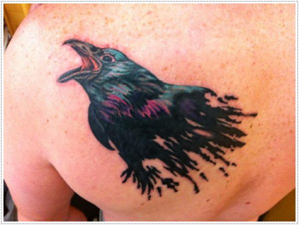 Raven Head Tattoo On Left Back Shoulder