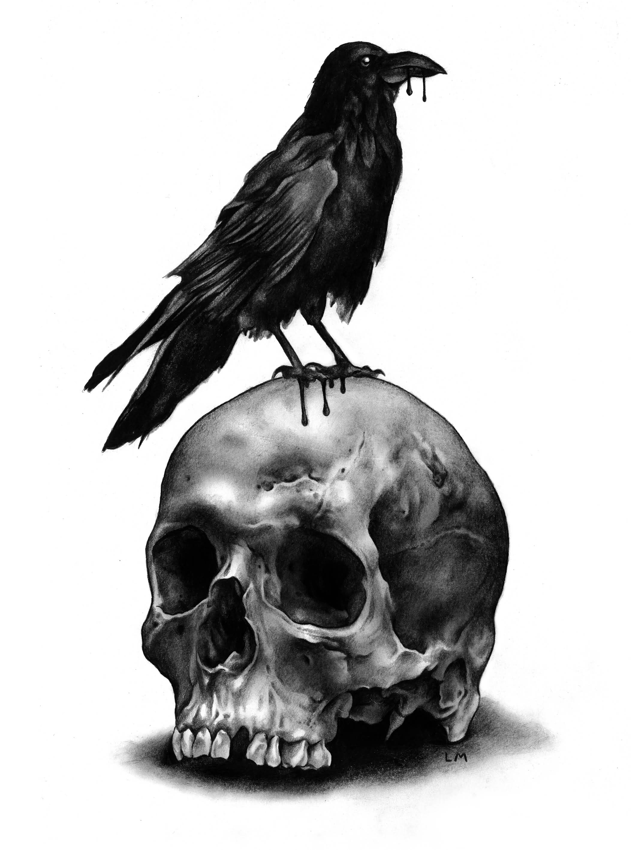 Raven On Skull Tattoo Design