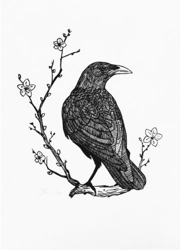 Raven On Tree Branch Tattoo Design