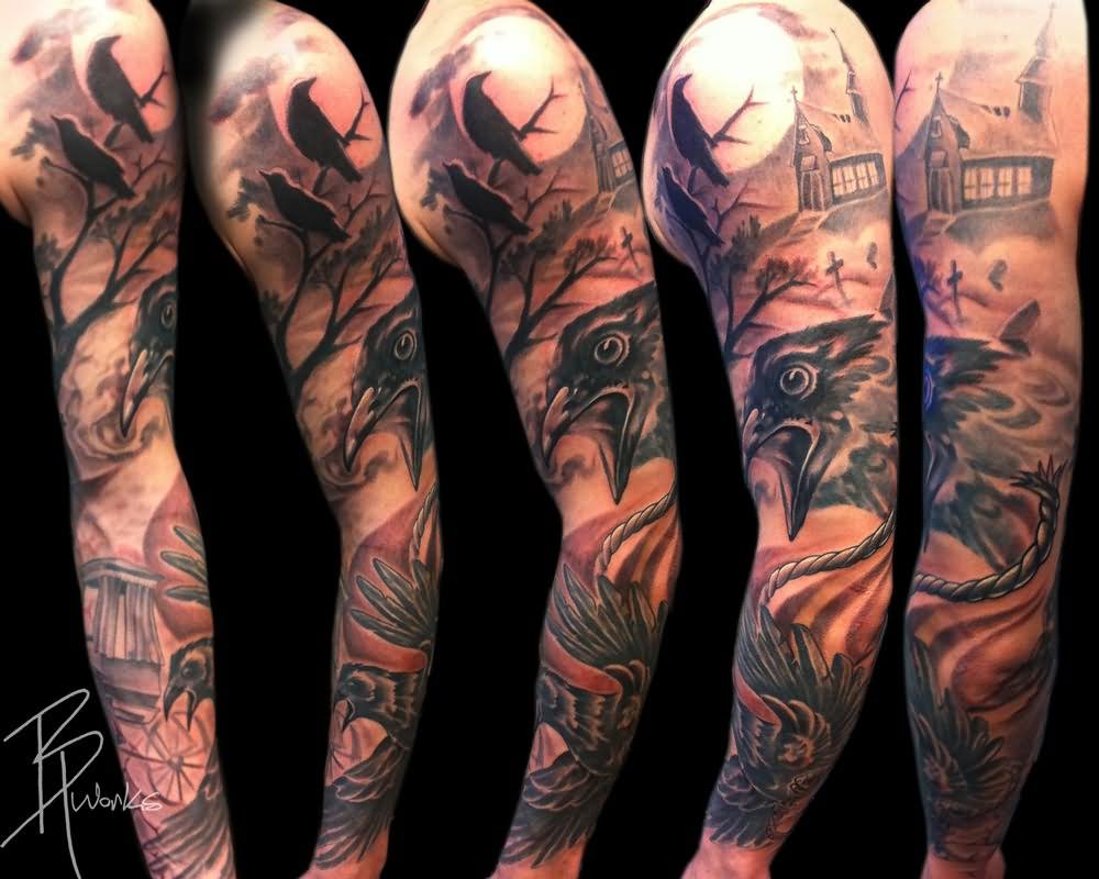 Raven Tattoo Ideas For Full Arm Sleeve