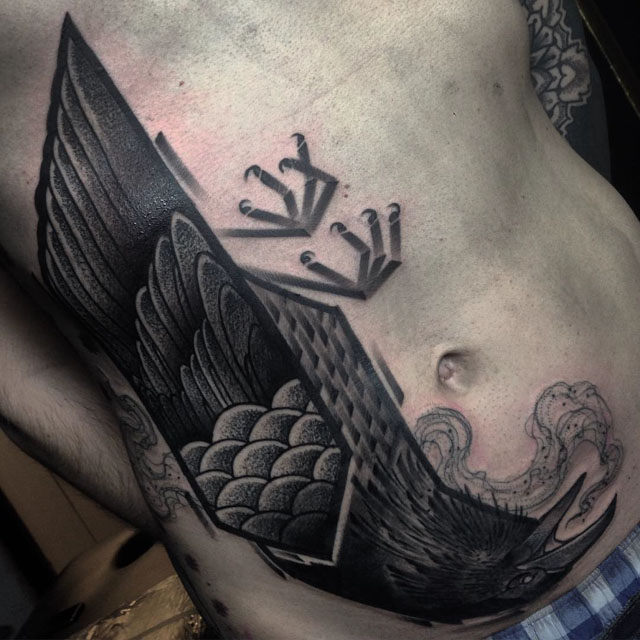 Raven Tattoo On Man Right Hip
