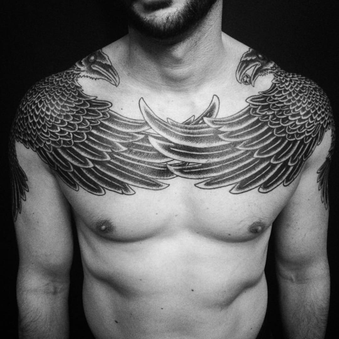 Ravens Tattoos On Man Both Shoulders