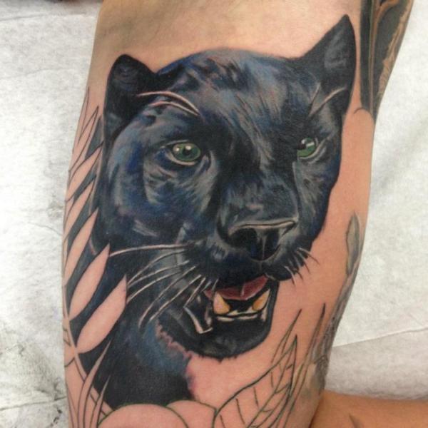 Realistic Black Panther Head Tattoo On Bicep