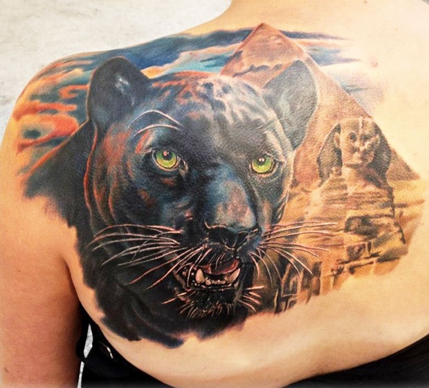 Realistic Black Panther Tattoo On Girl Left Back Shoulder