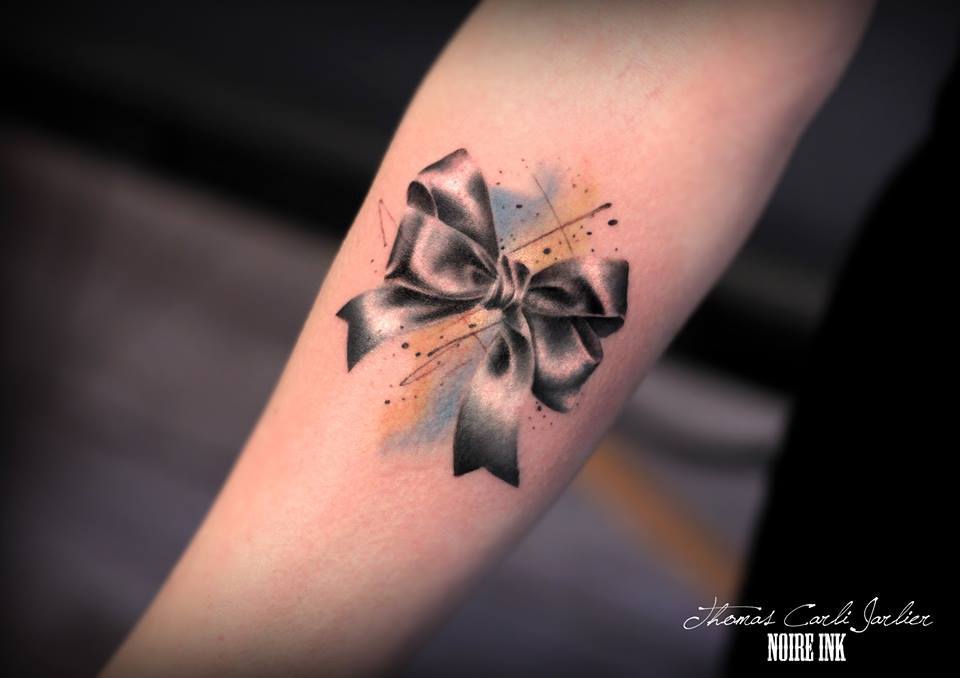 Realistic Bow Tattoo On Right Forearm