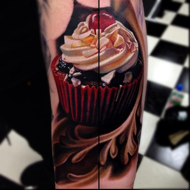 Realistic Cupcake Tattoo On Full Sleeve