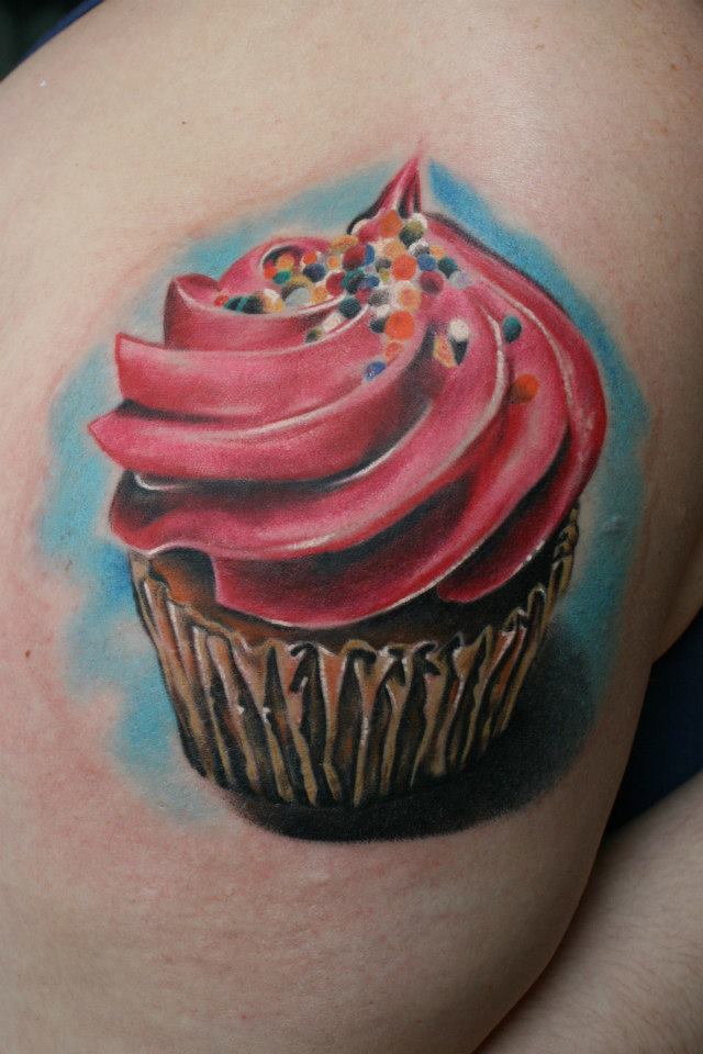 Realistic Cupcake Tattoo On Right Bicep