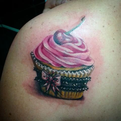 Realistic Cupcake Tattoo On Shoulder