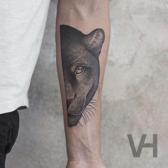 Realistic Dotwork Panther Tattoo On Left Forearm