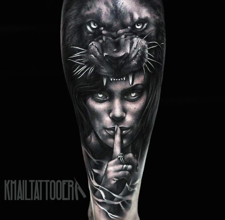 Realistic Girl Head and Panther Tattoo Design by Khail Tattooer