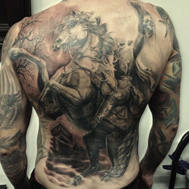 Realistic Grey 3D Horse Tattoo On Man Full Back