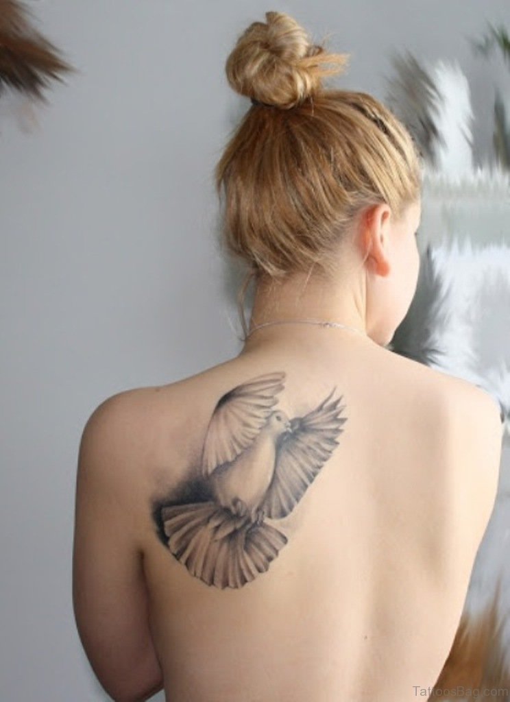 Realistic Grey Dove Tattoo On Left Back Shoulder