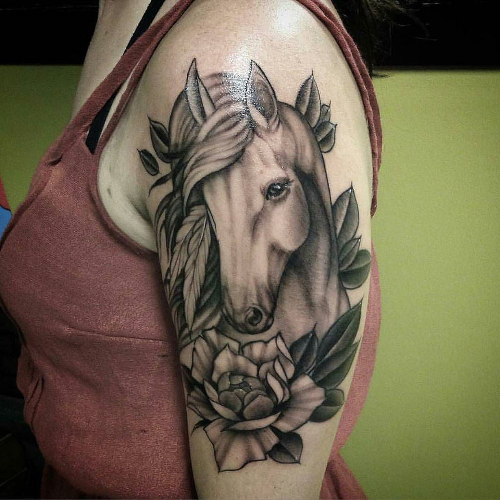 Realistic Grey Horse Head Tattoo On Girl Left Half Sleeve