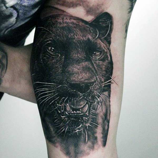 Realistic Grey Ink Panther Head Tattoo On Inner Bicep