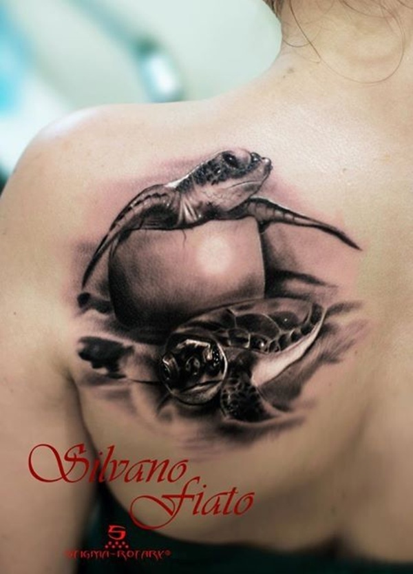 Realistic Grey Ink Turtle Tattoos On Left Back Shoulder