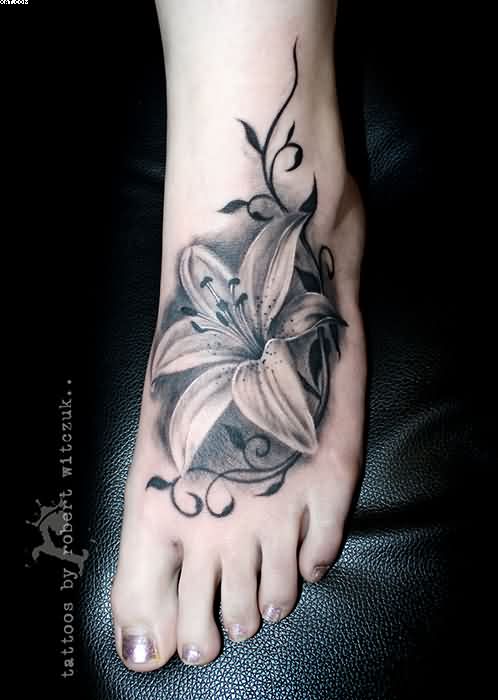 Realistic Grey Lily Tattoo On Girl Left Foot