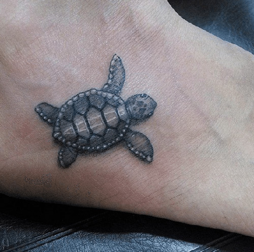 Realistic Grey Turtle Tattoo On Right Foot