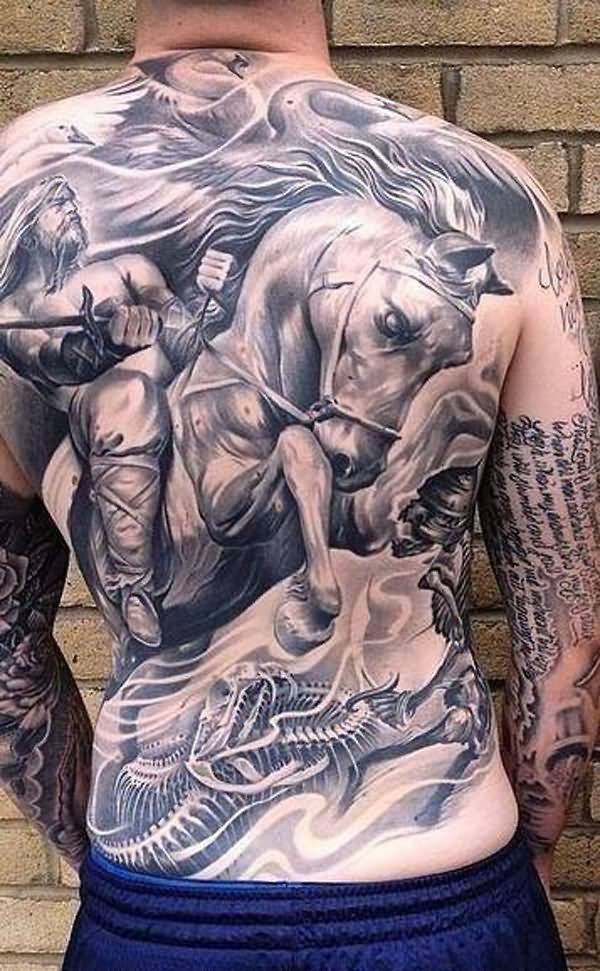 Realistic Grey Warrior 3D Horse Tattoo On Man Back