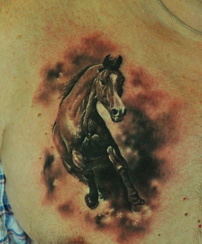 Realistic Horse Tattoo On Man Chest