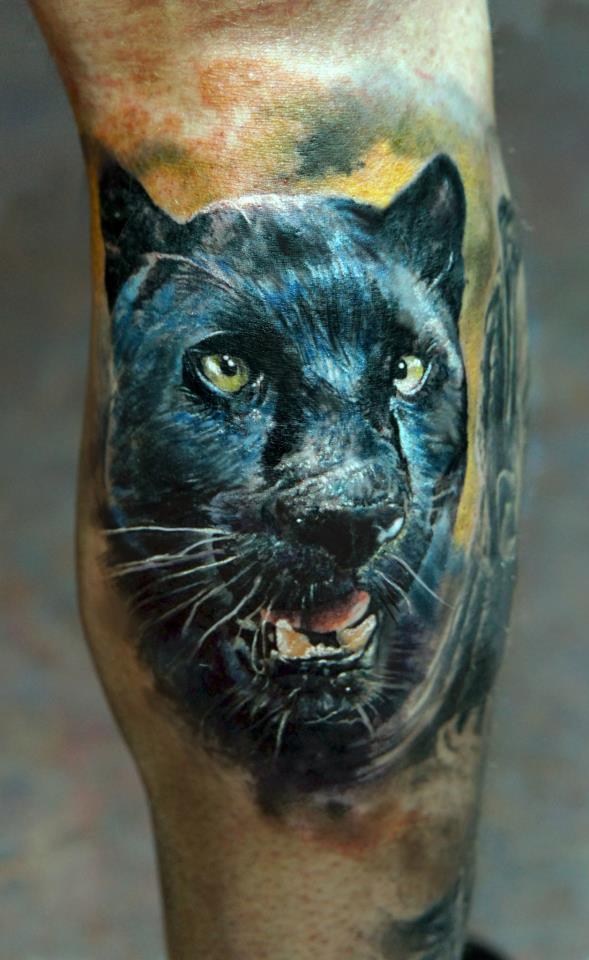 Realistic Panther Tattoo On Back Leg