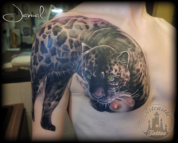 Realistic Panther Tattoo On Chest