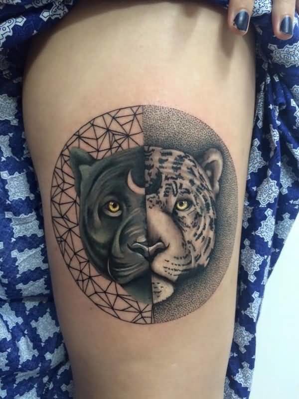 Realistic Panther Tattoo On Girl Leg