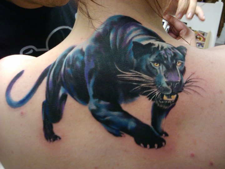 Realistic Panther Tattoo On Girl Upper Back