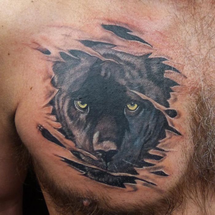 Realistic Panther Tattoo On Man Chest