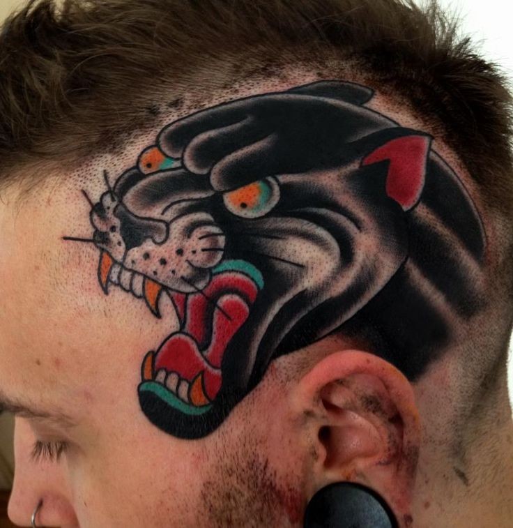 Realistic Panther Tattoo On Man Head