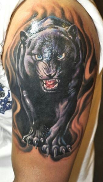 Realistic Panther Tattoo On Man Left Half Sleeve