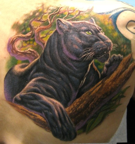 Realistic Panther Tattoo On Man Right Back Shoulder